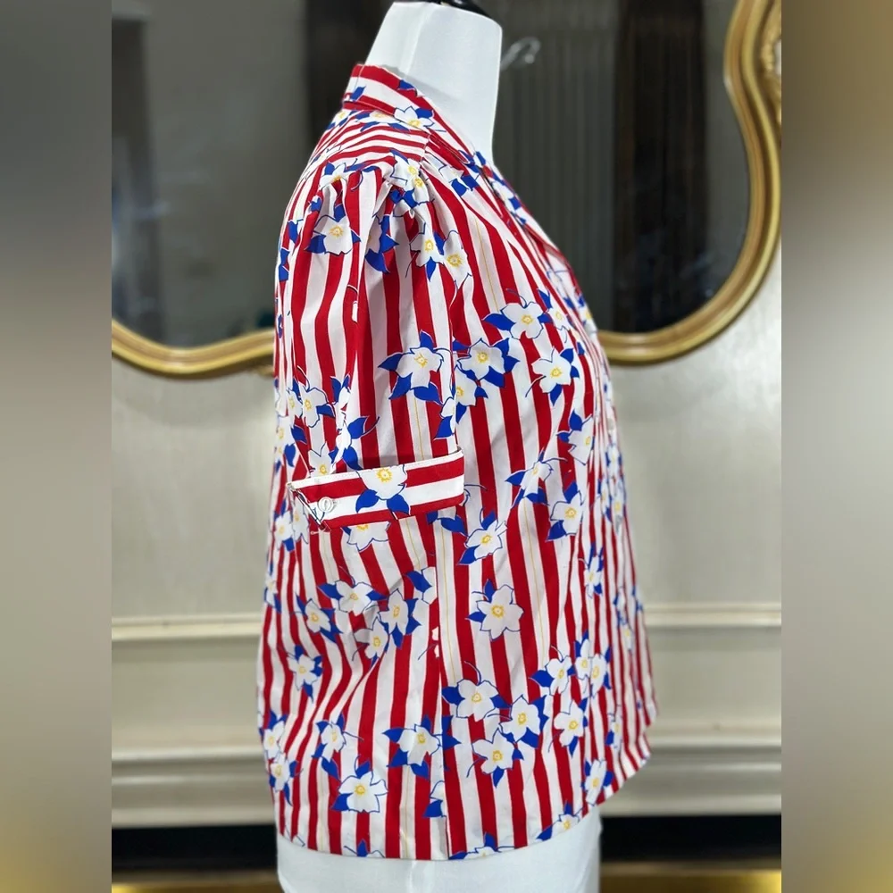 Vintage Silkhana Red White Striped Floral Button-Up Shirt | 80s 90s Blouse M - Picture 8 of 10
